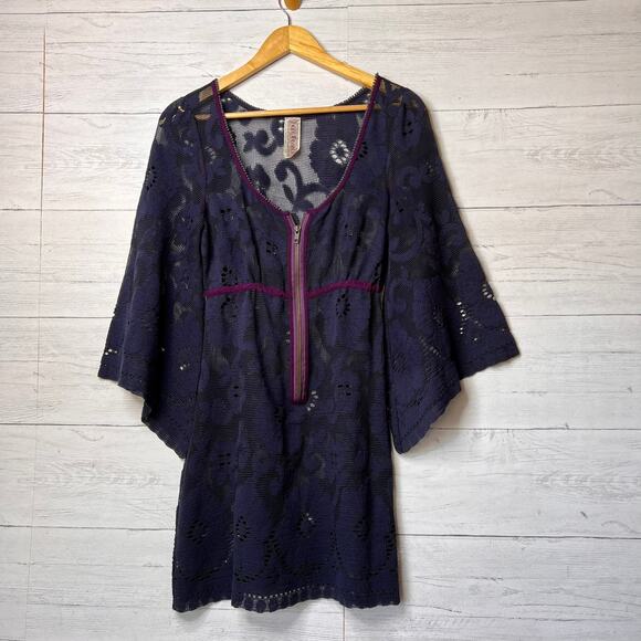 Free People Dress Womens Size SP Blue & Purple Mesh Sheer Lace Cover Up Beach - Picture 1 of 15